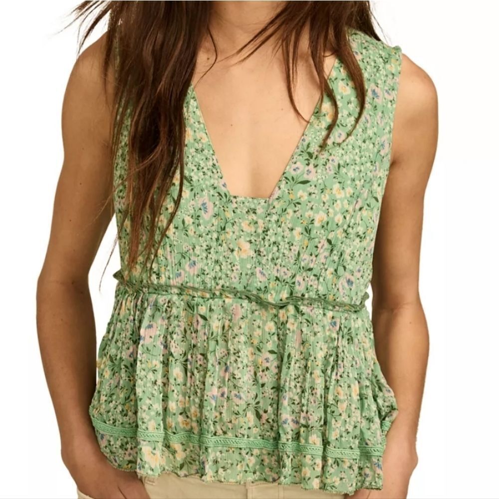 Lucky Brand Green Floral Ruched Ruffle Peplum Blouse - Boho Cottagecore